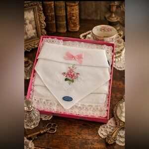 Vintage 2 White Handkerchief with Pink Floral Embroidery/Handkerchief with Lace.